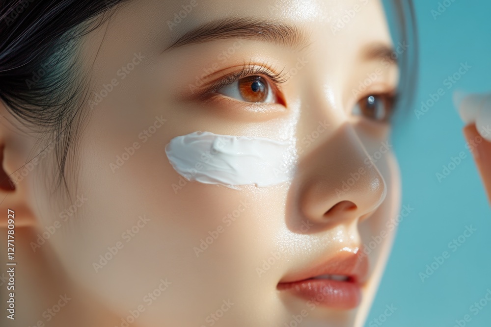 Fototapeta premium Asian woman using facial cream for skincare
