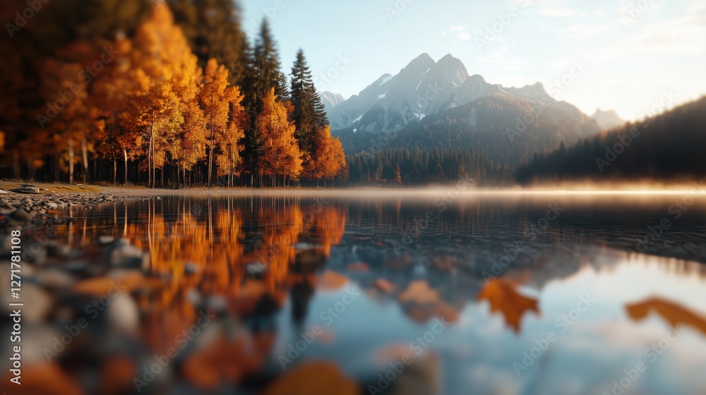 Obraz premium Peaceful Mountain Lake with Clear Waters and Colorful Foliage