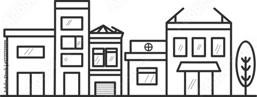  Black line icon of a town with small houses and a tree.