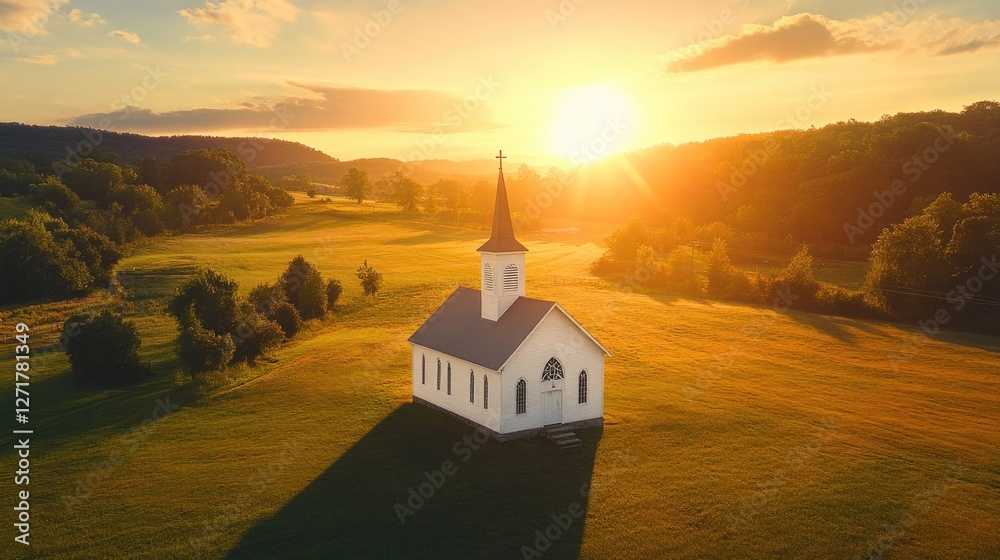 Fototapeta premium White church with steeple in field