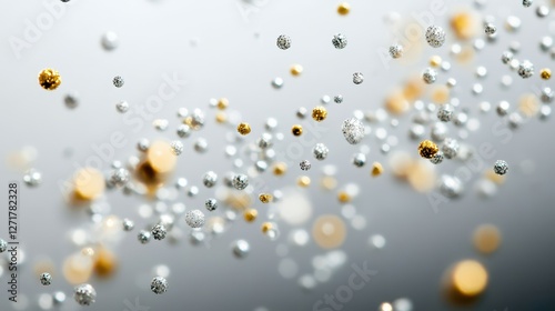 A mesmerizing display of shimmering silver and golden particles floating against a soft gradient background, creating a sense of magic and wonder.