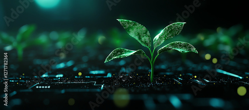 young plant growing on digital circuit board, symbolizing eco innovation and technology. vibrant green leaves contrast with dark background, creating futuristic atmosphere