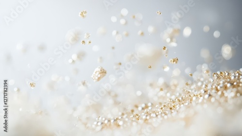 Abstract close-up of sparkling golden particles suspended in the air, creating an enchanting and dreamy atmosphere.