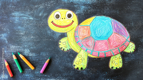 Childlike Drawing of a Cheerful Turtle with Colorful Shell on Blackboard with Crayons. Concept of Creativity, Playful Art, Childhood Imagination, Colorful Expression. Crayon drawing, Kid s doodle art photo