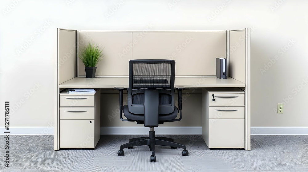 Modern Beige Office Cubicle with Grey Chair and Plant