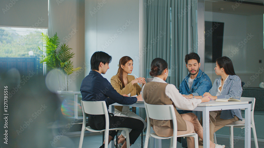 Obraz premium Business people discussing finance strategy in a teamwork meeting for successful startup development, analysing marketing and accounting plans in a corporate office collaboration. Women in Leadership