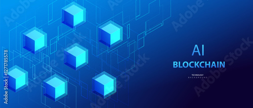 Blockchain isometric concept. Cryptocurrency and blockchain connected cube blocks banner. Big data Ai chain technology background. Data transmission crypto operations vector.