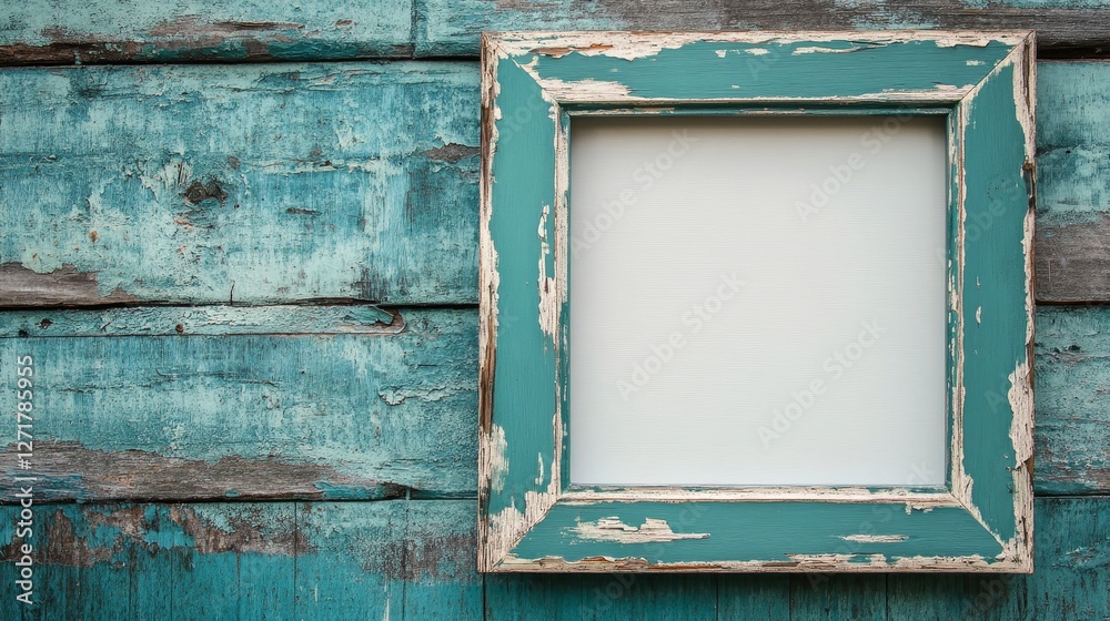 Naklejka premium Distressed teal frame on weathered barn wood wall