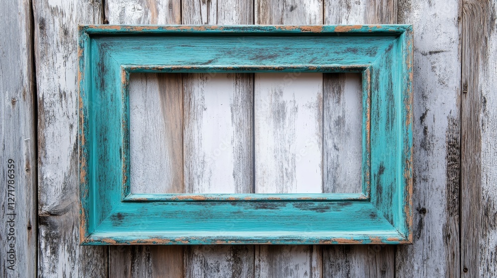 Distressed teal frame on weathered barn wood wall Distressed teal frame on weathered barn wood wall