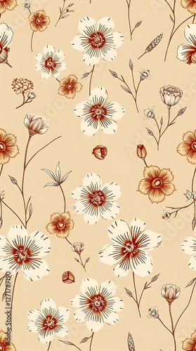 A rustic seamless pattern of hand-drawn flowers, rendered in a vintage style with muted earthy colors, showcasing a natural and charming aesthetic, featuring a slightly asym. photo