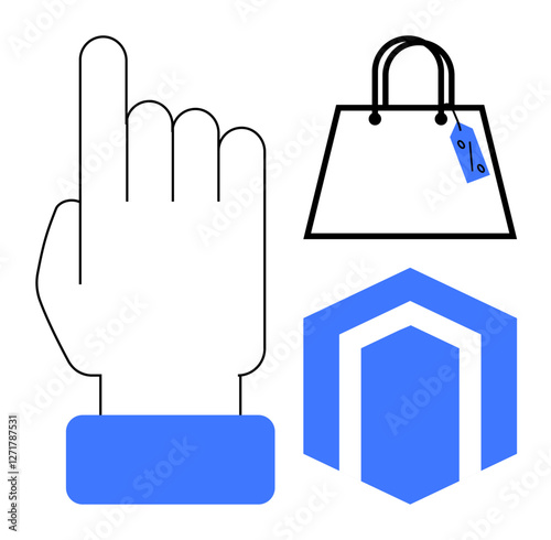 Hand cursor pointing, shopping bag with price tag, e-commerce company logo. Ideal for online shopping, user interface design, e-commerce platforms, digital marketing, retail, tech services sales