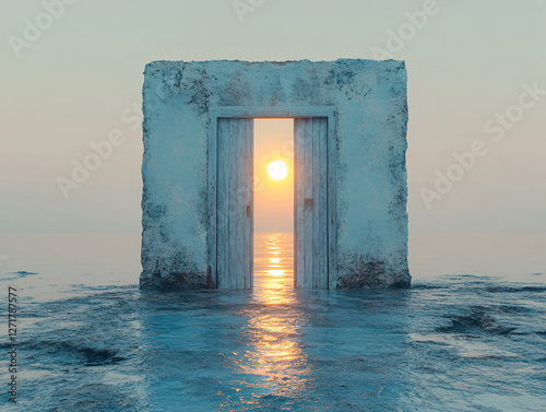  a surreal scene where a room with white walls and a wooden door is filled with a dense, snow-like substance. The sunlight streaming through the open door creates a glowing effect