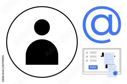 Black user silhouette inside a circle, large blue email symbol, invoice document with payment icon. Ideal for user management, online transactions, digital identity, communication, billing