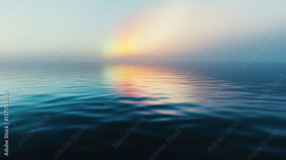 Obraz premium A tranquil view of the ocean at sunset with a soft rainbow in the sky.