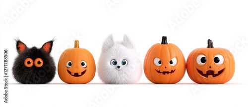 A playful Halloween scene featuring a fluffy black cat and cheerful pumpkins with various expressions.