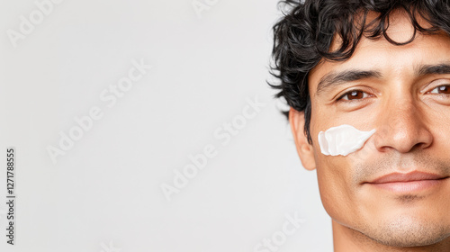 Latin American man Man Applying Face Cream with Copy Space