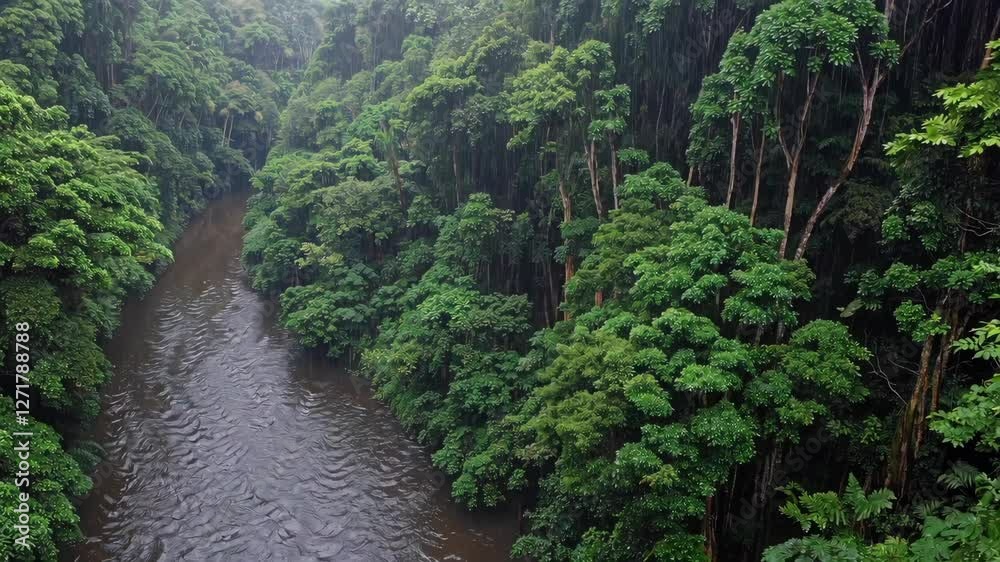 rainy in a forest with river. tropical rain in the water. seamless looping overlay video animation background