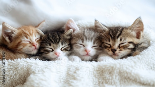 Four adorable kittens of various fur colors peacefully sleeping together on a fluffy blanket, exuding warmth and cuteness.