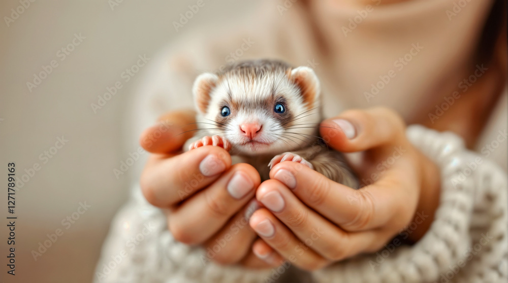 Close-Up of Cute Ferret in Hands: Adorable Pet Portrait with Blurred Background. National Ferret Day. Close-Up of Cute Ferret in Hands: Adorable Pet Portrait with Blurred Background. National Ferret Day.