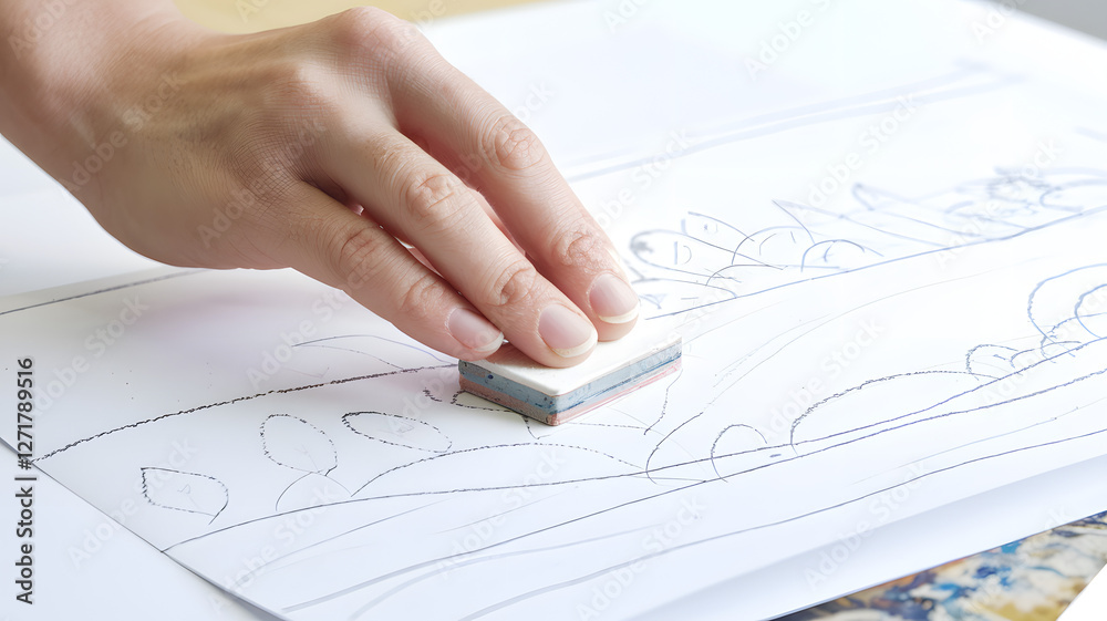 Hand Blending Pencil Drawing Lines with Stump Tool. A close-up shows a hand gently using a blending stump to soften and smudge pencil lines on a white sheet of paper. Hand Blending Pencil Drawing Lines with Stump Tool. A close-up shows a hand gently using a blending stump to soften and smudge pencil lines on a white sheet of paper.