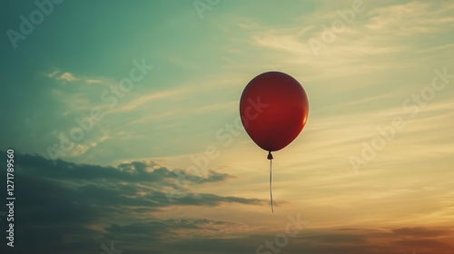 Fototapeta Naklejka Na Ścianę i Meble -  A vibrant red balloon floats against a stunning sunset sky, with hues of teal and orange blending beautifully, evoking feelings of freedom and nostalgia.