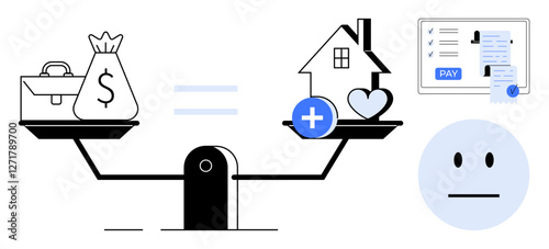 Scale balancing money with house and healthcare icons, representing equilibrium. Ideal for financial planning, home budgeting, health balance, work-life harmony, lifestyle management, economic