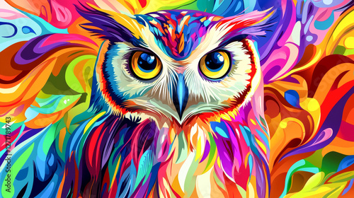Vibrant Owl Illustration with Stylized Detailed Eyes in Colorful Abstract Pop Art. Concept of Nature, Creativity, Artistry, Wildlife