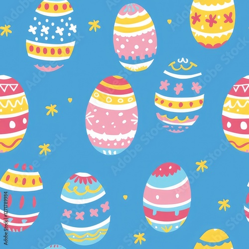 A seamless pattern of colorful Easter eggs on a blue background