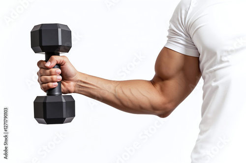 Muscular man's hand lifting a dumbbell with one arm, lifting weights for bodybuilding, isolated on a white background
