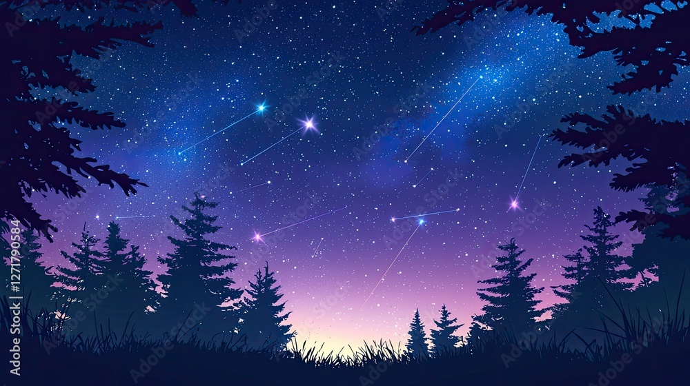 Naklejka premium Forest silhouettes underneath a vibrant night sky filled with stars