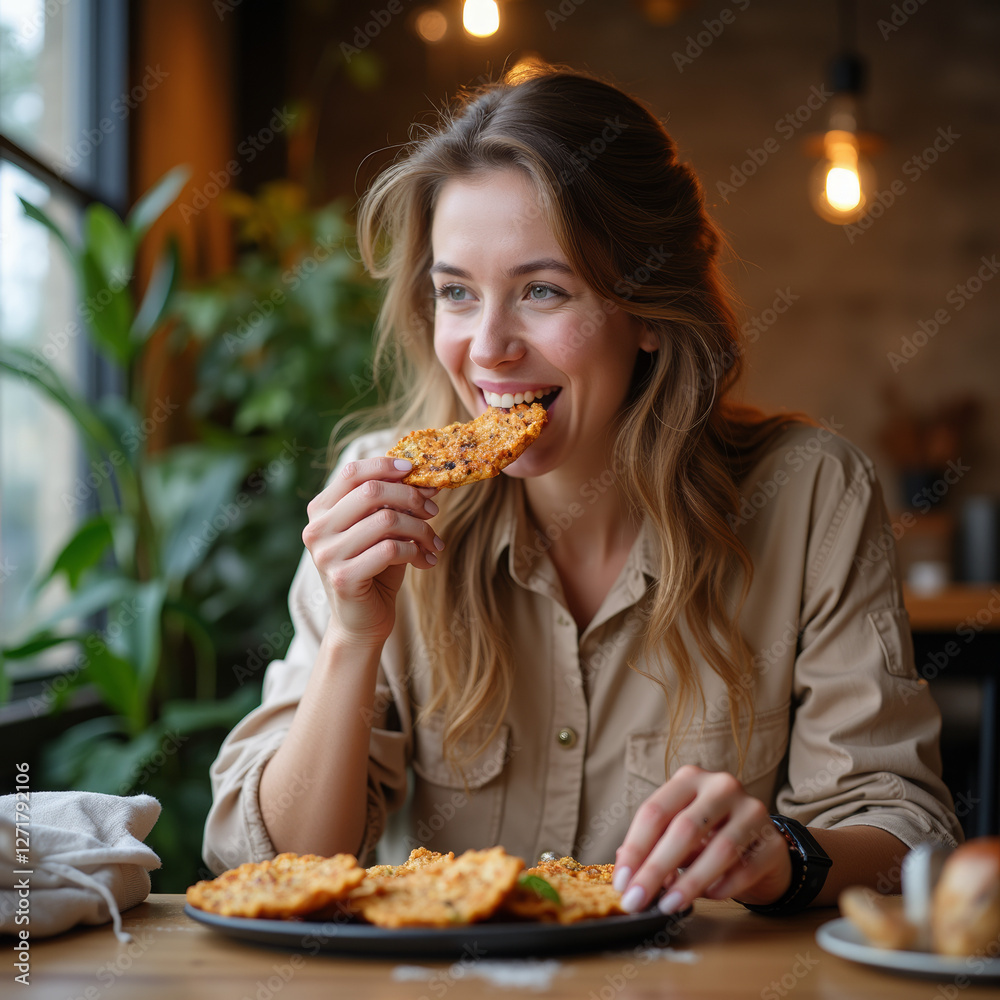 Smiling woman enjoying a crispy snack in a cozy café setting
Smiling woman enjoying a crispy snack in a cozy café setting