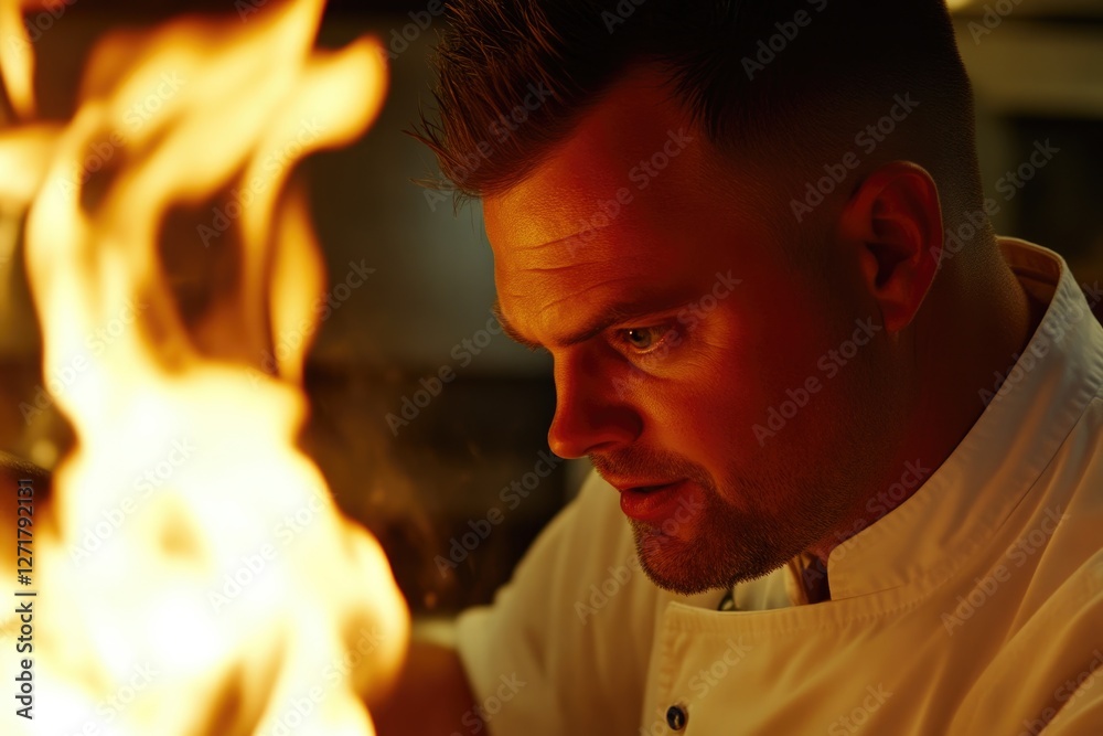 Close up of chef cooking in kitchen with flaming pan Close up of chef cooking in kitchen with flaming pan