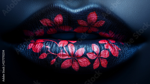 Artistic lip makeup featuring vibrant floral designs in bold colors against a dark backdrop