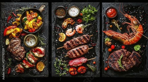 Wallpaper Mural Variety of grilled meats and seafood served beautifully on stone Torontodigital.ca