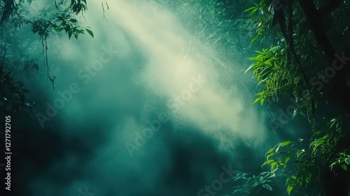 Mysterious jungle scene illuminated by ethereal light filtering through the lush foliage, creating a serene and tranquil ambiance.