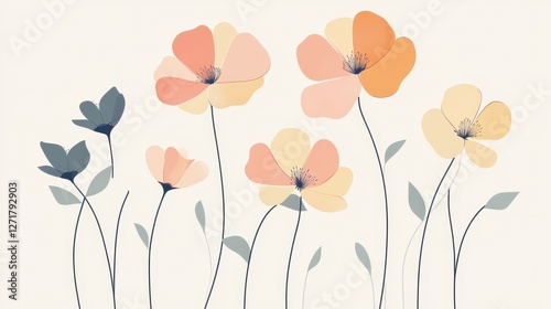 A stunning arrangement of pastel flowers in soft shades of peach, cream, and orange, surrounded by slender green stems against a light background.