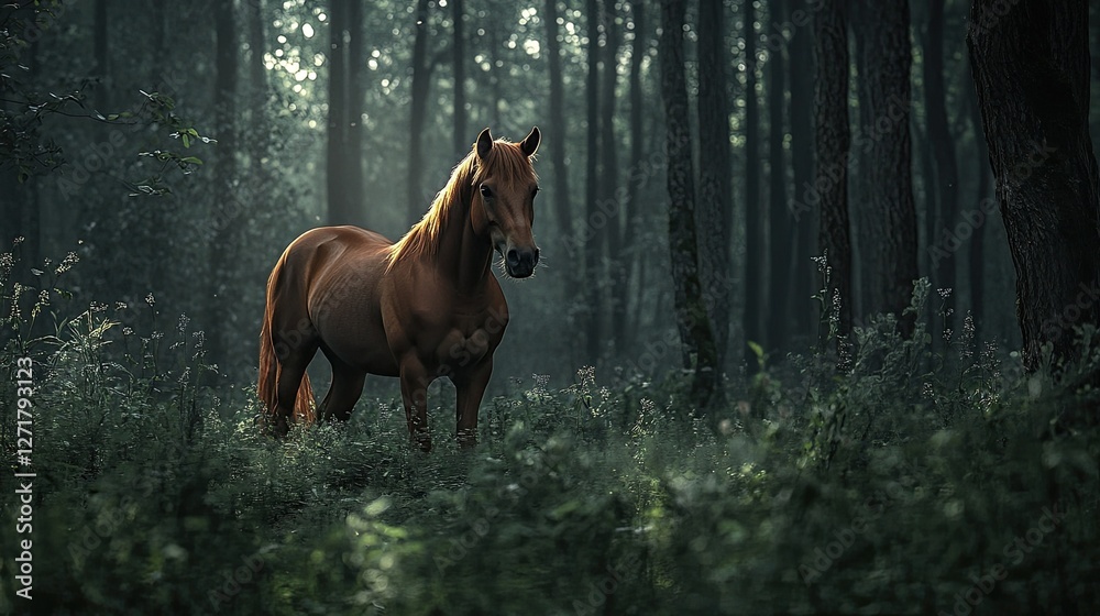 Portrait of a young red Trakehner mare in a dark forest - Portrait of a young red Trakehner mare in a dark forest -
