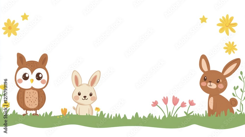 Obraz premium Cute cartoon animals in a meadow