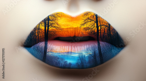 Creative lip art featuring a colorful sunset landscape with trees and reflections skillfully painted on lips
