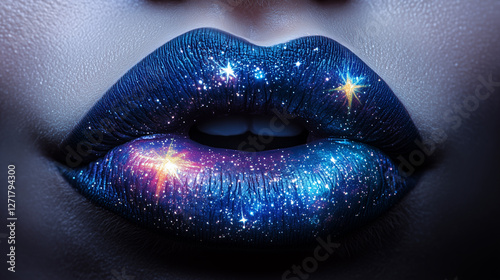 Cosmic beauty look featuring galaxy-inspired lips showcasing stars and vibrant colors