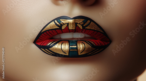 Unique lip art featuring intricate designs in bold colors and metallic finishes showcased on a model