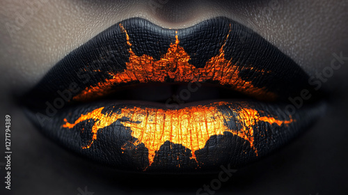 Bold black lips with striking orange metallic design showcasing artistic makeup and creativity