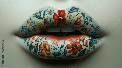 Lip art featuring intricate floral designs in vibrant colors on a model's lips