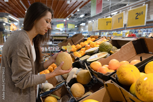 Woman examining an melon in the produce section of a supermarket. Concept of selecting fresh vegetables, making healthy food choices, and mindful grocery shopping
