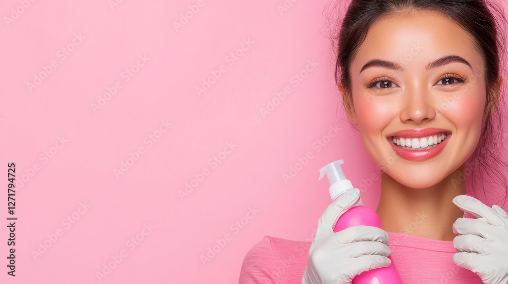 Cheerful woman holding pink bottle with gloves on pink background Cheerful woman holding pink bottle with gloves on pink background