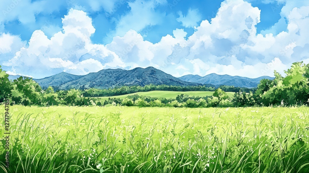 Fototapeta premium Vast green fields under a bright blue sky with fluffy clouds and distant mountains on the horizon.
