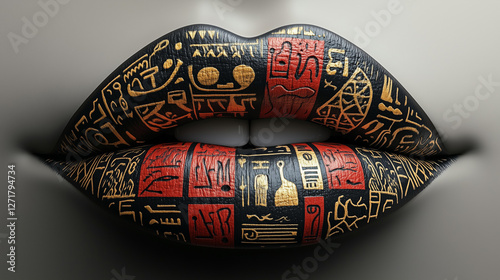 Unique black and gold lip art featuring ancient symbols and hieroglyphics showcases creative expression in modern art