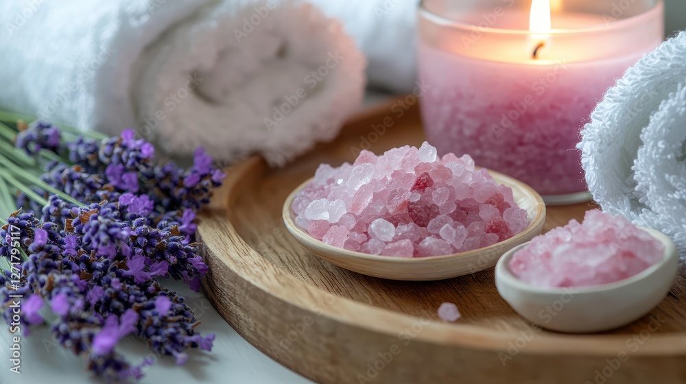 Relaxing spa setting featuring lavender-infused bath salts, lit candle, and soft towels, creating a serene atmosphere of tranquility and self-care. Relaxing spa setting featuring lavender-infused bath salts, lit candle, and soft towels, creating a serene atmosphere of tranquility and self-care.