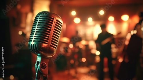 A vintage-style microphone stands in the foreground, surrounded by a warm and inviting atmosphere of a live music performance with band members blurred in the background.