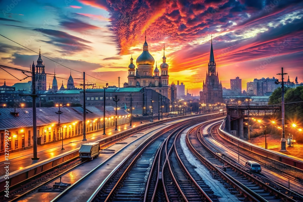 Fototapeta premium Double Exposure: Paveletsky Railway Station - Urban Landscape & Train Tracks